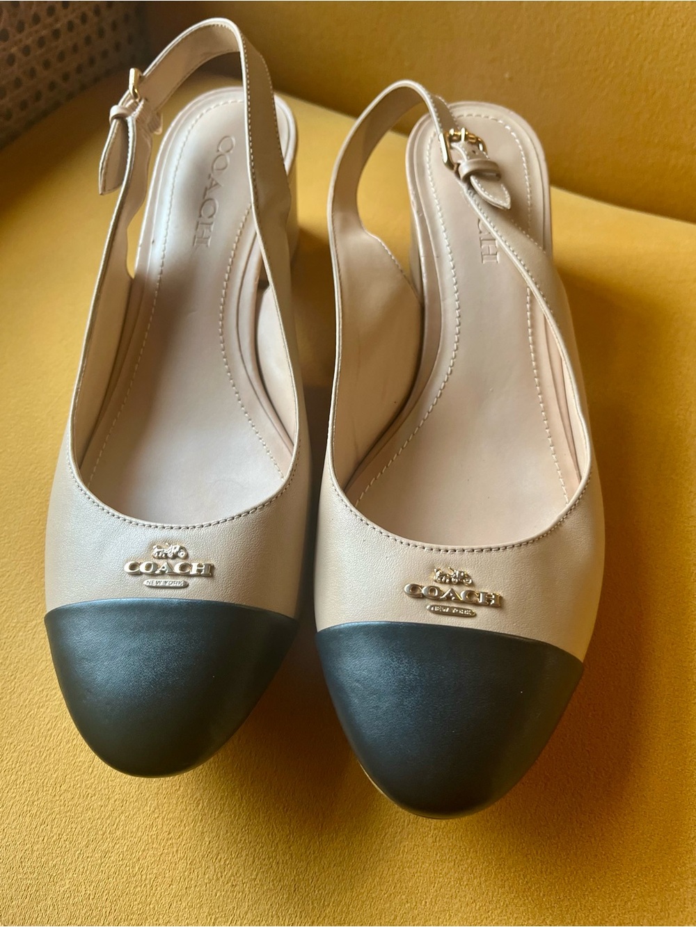 Coach Two-Tone Slingback Flats in Beige and Black